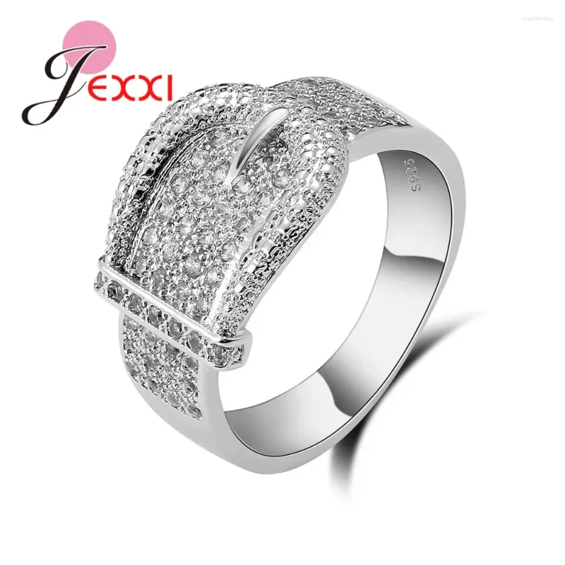 Cluster Rings Unique Belt Shape Design Micro Pave Rhinestones Wide 925 Sterling Silver Band For Women Wedding Anniversary