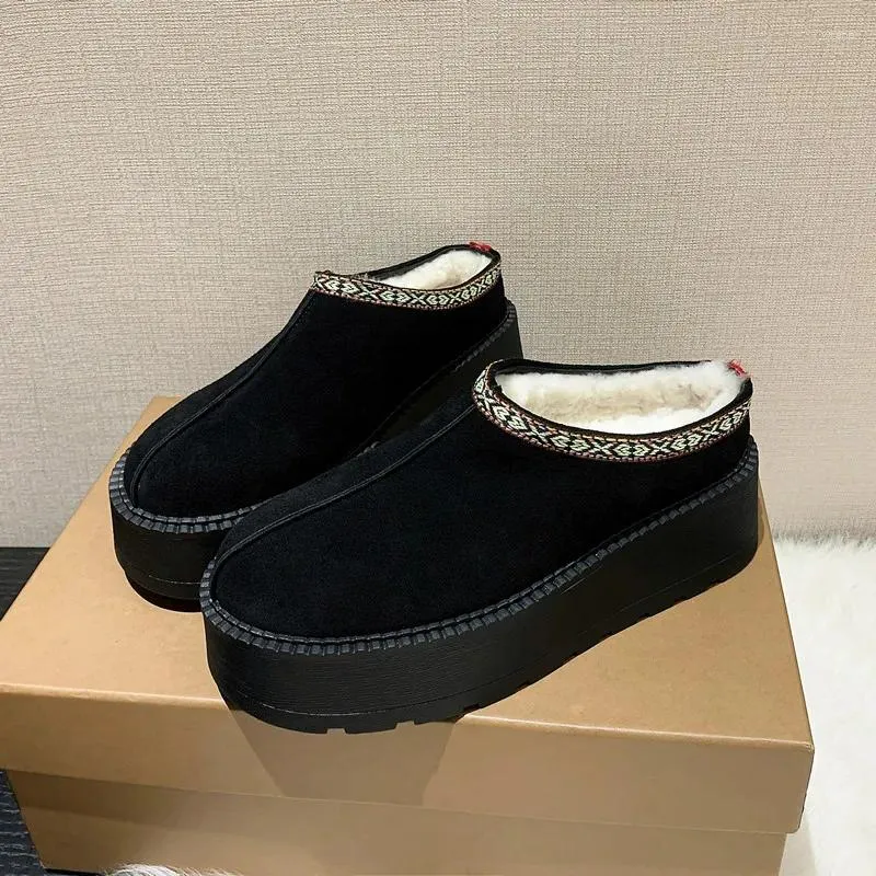 Pantofole MKKHOU Moda Scarpe da donna Pelle scamosciata di alta qualità Testa tonda Suola spessa Lana Inverno Neve calda