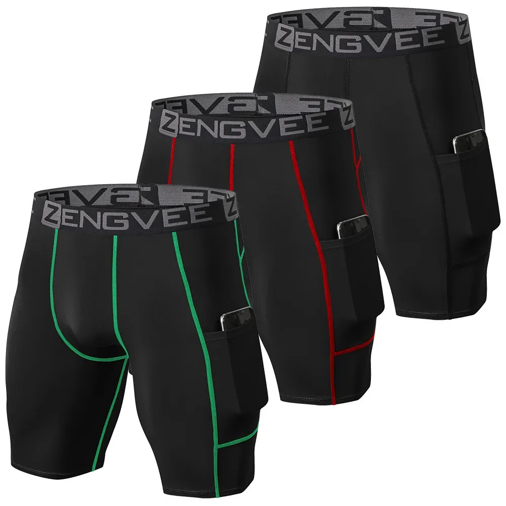 Paquet de 3 shorts de Compression pour hommes couche de Base de course à sec et frais avec poches pour téléphone pour l'entraînement de course à pied 240323