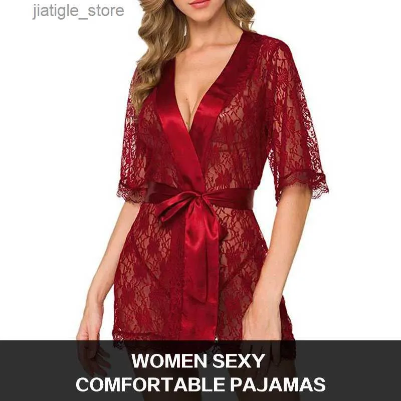 Seksowna set nowe gorące seksowne kobiety kwiatowe koronkowe bieliznę V Sheer Mesh Nightgown Wygodne panie Kimono Nightdresse Sleepar Y240329