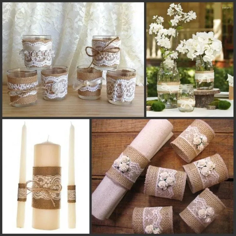 Party Decoration 5meters Natural Jute Burlap Hessian Ribbon With Lace Trims Tape Rustic Wedding Decor Cake Topper Mariage