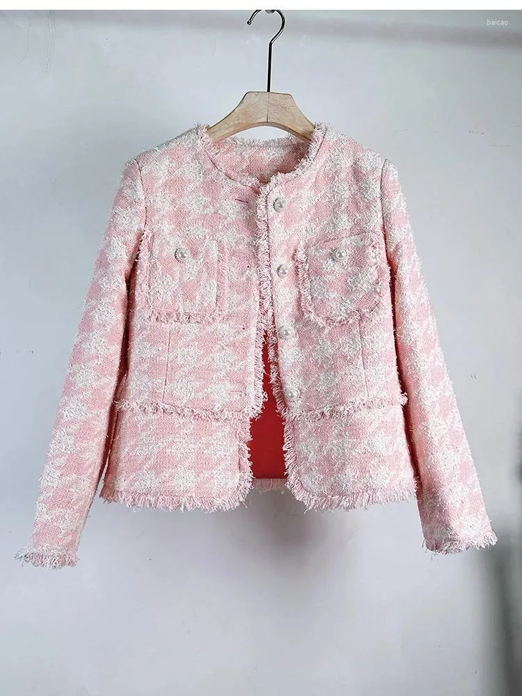 Kadın Ceketleri Yüksek Kaliteli Vintage Zarif Pembe Yün Hardigan Tweed Ceket Kadınlar İçin Lüks Twoundoth Cep Tasarım Katlar Kadın