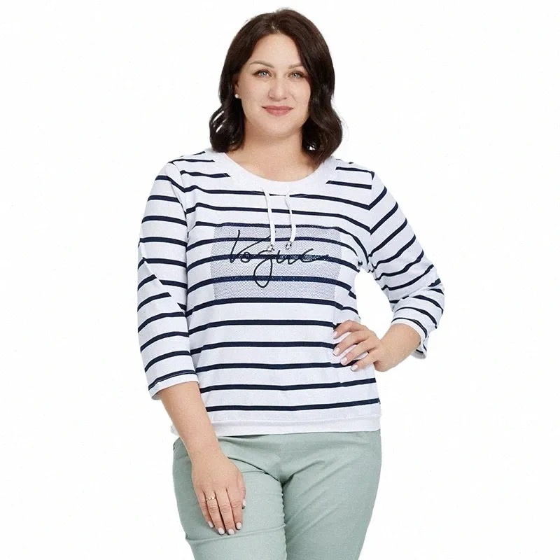 Astrid Autumn Women's T-shirt 2023 Casual Cott Top Female Plus Size Stripes Tees Rope Diamd Craft LG Sleeve Women Clothing D16T#