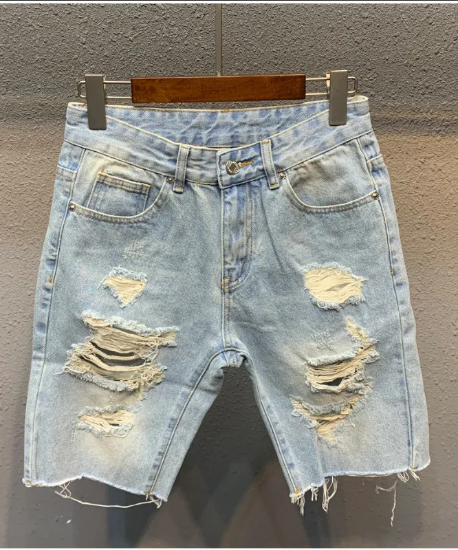 2024 Heren Jeans Gescheurde Denim Shorts Lichtblauw Vijfde Broek Trendy Allmatch Losse Wollen Splitstiksels Kort