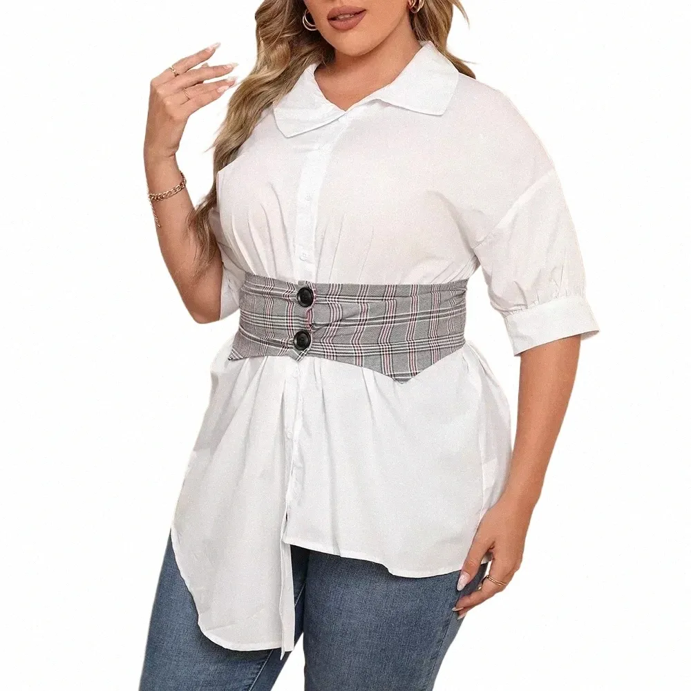 Camisa blanca de talla grande para mujer con cinturón de espera, hombro caído, manga corta, camisa curva asimétrica, Tops para mujer, blusa OL, talla grande t6SO #