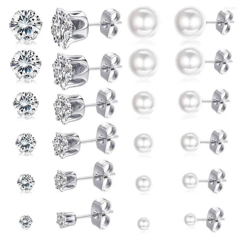 Orecchini a lobo 1 paio/12 paia di sfere di perle in acciaio inossidabile con zirconi cubici da 3-8 mm CZ assortiti per donne e ragazze