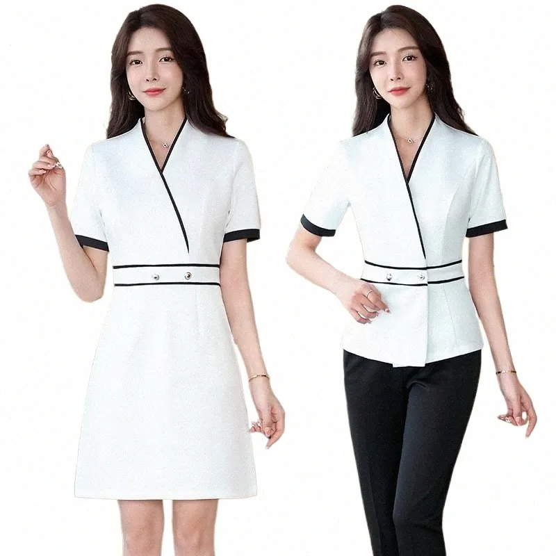 Koreansk stil skönhetssal kvinnlig vår och höstarbete blus+byxor set sjukhus frt skrivbord personal arbetskläder spa skönhet uniform m4cs#