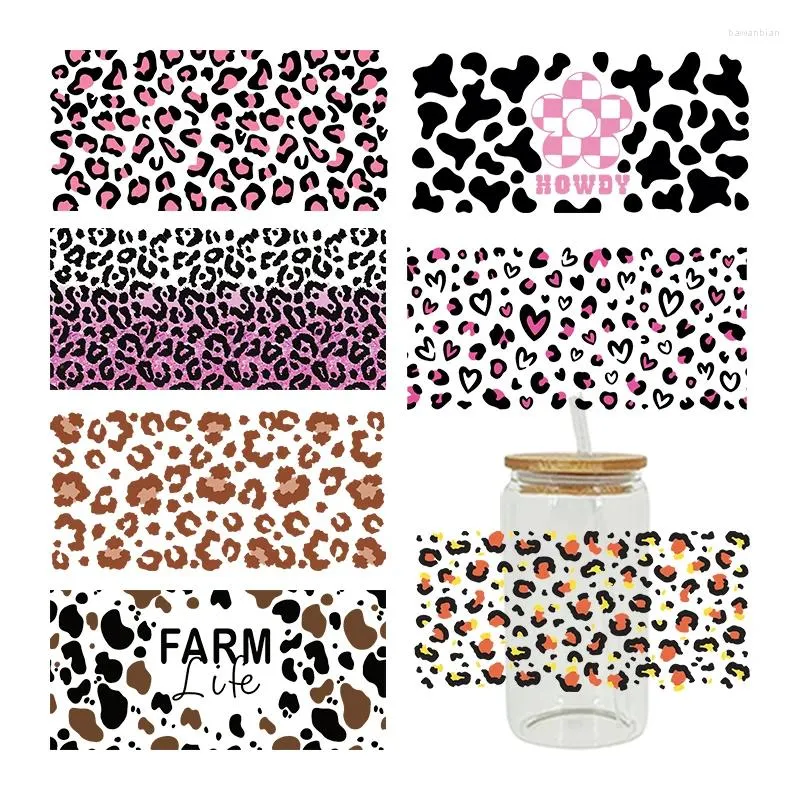 Window Stickers UV DTF Sticker Leopard Theme For The 16oz Libbey Glasses Wraps Cup Can DIY Waterproof Easy To Use Custom Decals D2646