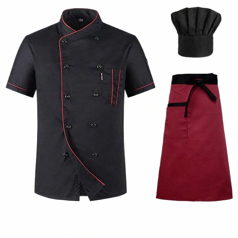 Vdakaer chef manteau chemise respirant Cott veste + casquette + vêtements de travail pour hommes unisexe chef vestes restaurant hôtel uniforme K6Bx #