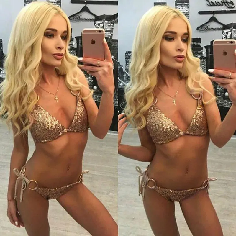 Damenbadebekleidung Zwei Stücke Frauen Badeanzug Verband Gold Mädchen Bikini Push Up 2024 Sexy Glänzender Strand Biquini Set