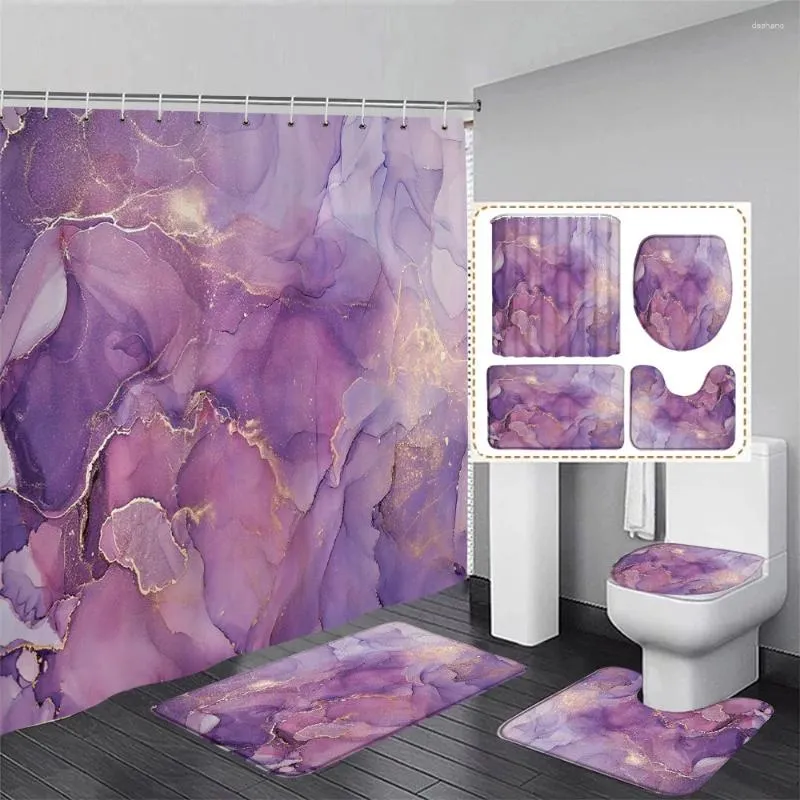 Shower Curtains Abstract Purple Marble Curtain Set Modern Watercolor Ink Art Home Bathroom Decorative Floor Rug Bath Mat Toilet Lid Cover