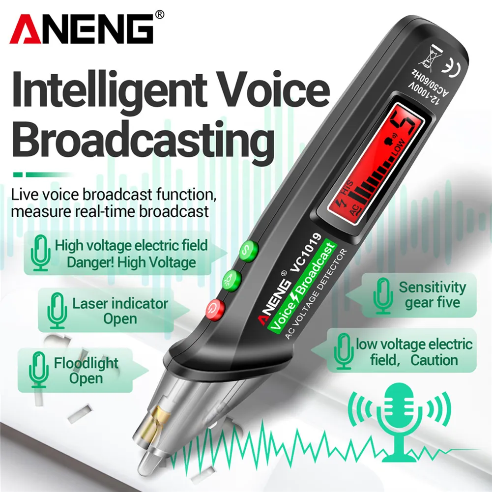 Aneng VC1019 Tester de transmisión de voz inteligente Pen 12V-1000V Sensor de infrarrojo Probador de voltaje de voltaje Detector de cables eléctricos