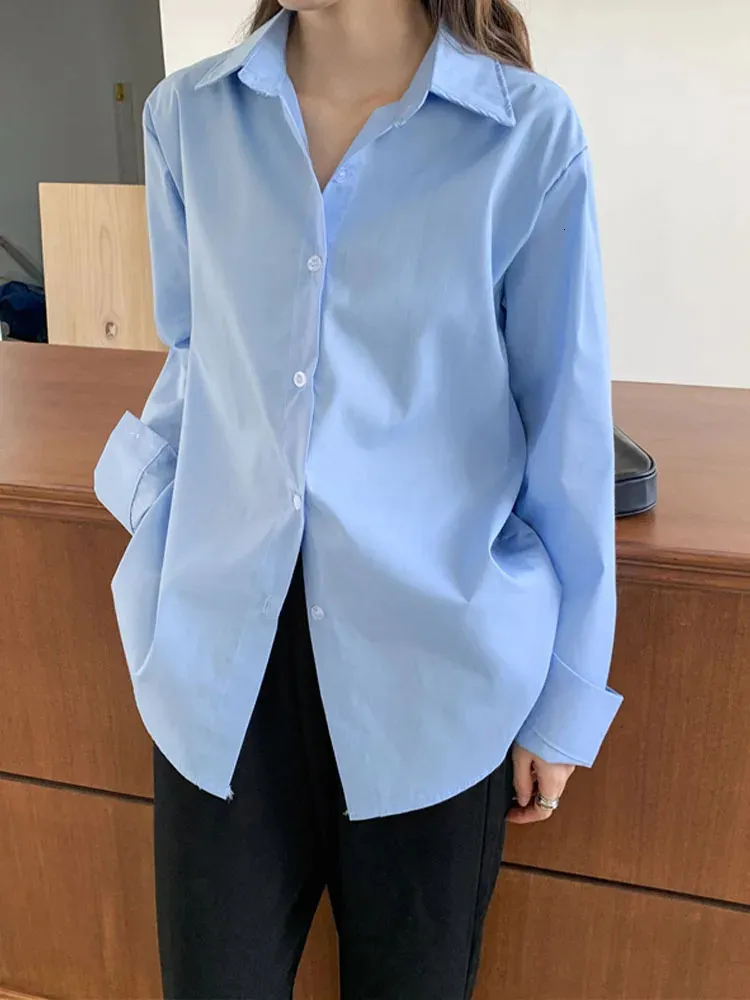 Женские блузки Элегантная уличная одежда Офисная повседневная рубашка из 100% свободного хлопка на пуговицах Бело-синяя винтажная рубашка оверсайз с длинным рукавом Топы 240322