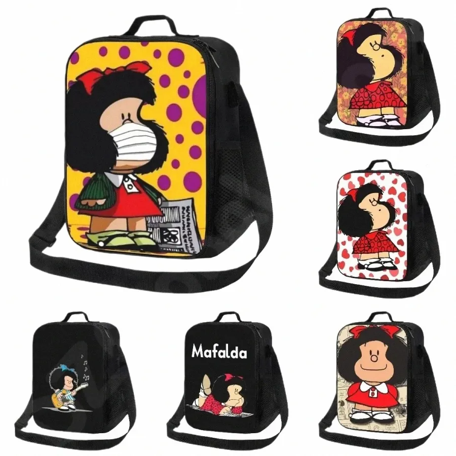 Mafalda lunchväska isolerad måltidspåse carto tryck bärbar lunchlåda för skolarbete picknick tote mat ctainer för pojkar flickor l5ar#