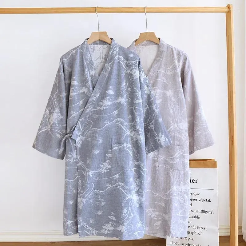 Accueil Vêtements Coton Couleur Tissé Jacquard Kimono Pyjama Robes Pour Hommes Quatre Saisons Mince Dentelle Sueur Peignoir À La Vapeur Peinture À L'encre Robe