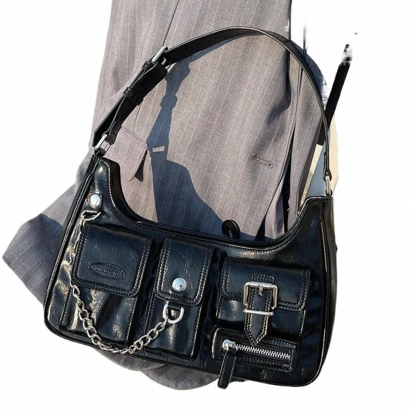 Noir Y2K Grunge Sac à bandoulière pour femmes Blanc Moteur Cool Girl Fi Sac à main Chaîne sous les bras Baguette Sac à main Poche Zipper Sac gothique h94y #