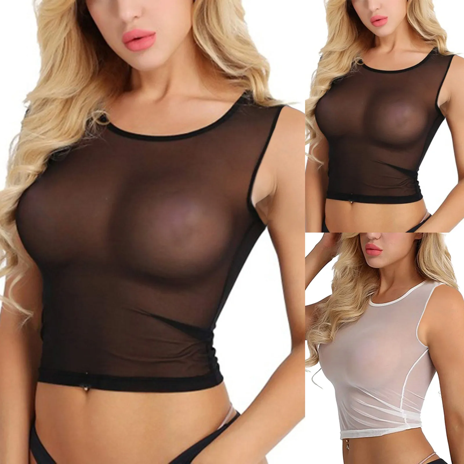 Sheer Mesh Crop Top Blouse - Sexy See Through Shirt, Womens