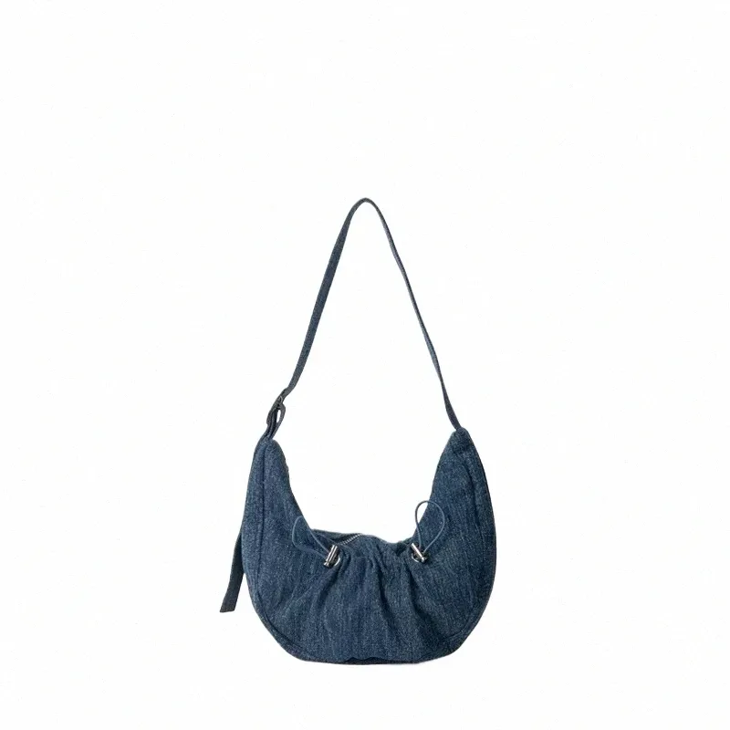 2023 nuove donne del denim della borsa della spalla delle increspature coulisse Crossbody sella borsa sotto le ascelle per la femmina Hobo Satchel Handle Bag i5Ac #