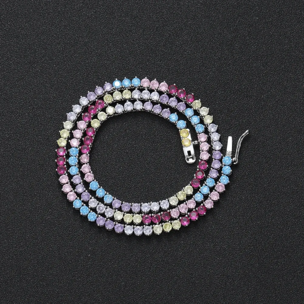 Collane 3mm 16 "18" 20 "Impostazione in ottone CZ 3 Prong Colorful Stone Catena da tennis Collana ghiacciata AAA Cubic Zirconia BC125