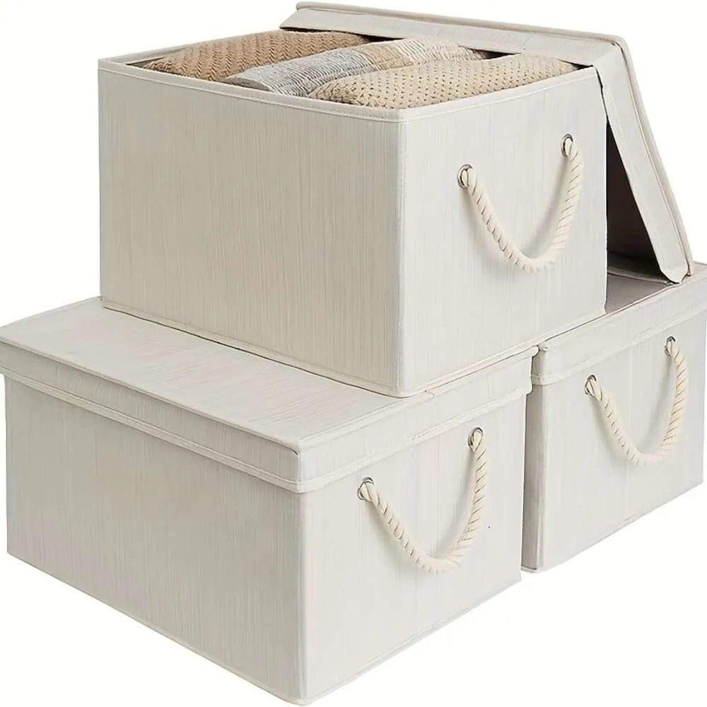 Boîte polyvalente 3 pièces, avec couvercle, poignées en corde souple, organisateur de vêtements, sous-vêtements, chaussettes, bac de rangement domestique, mélange de Beige, blanc ivoire