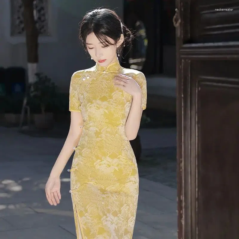エスニック服のマンダリンカラー半袖黄色のエレガントレディチョンサム中国スタイル夏の花印刷QIPAO毎日の結婚式