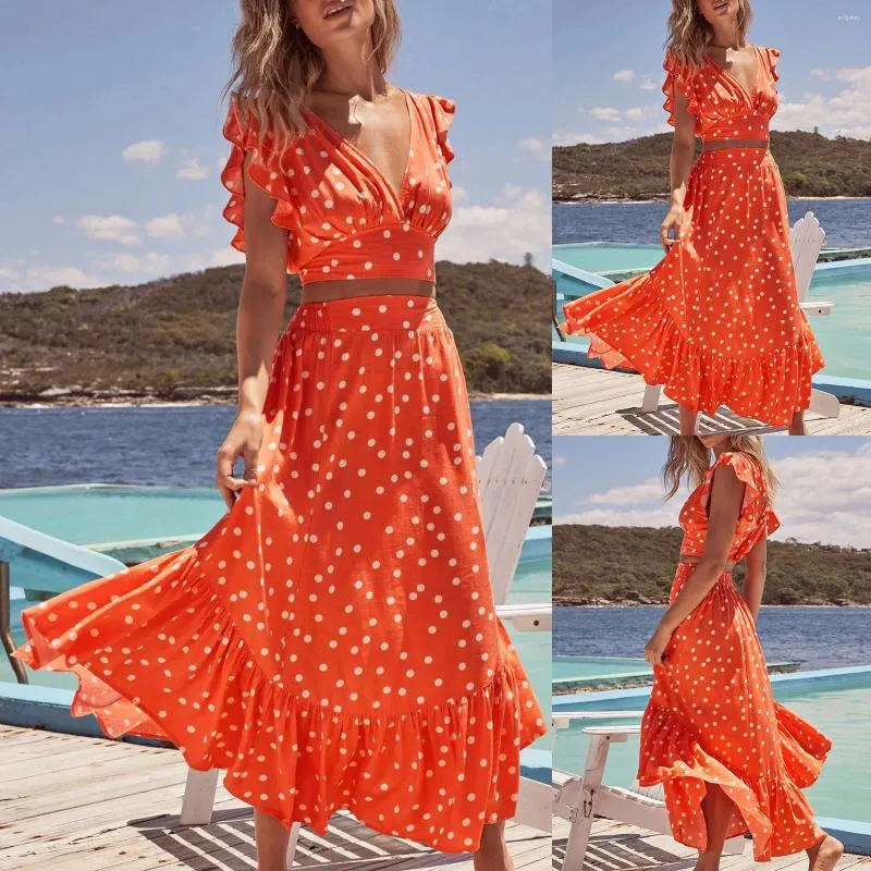 Casual Dresses Women Summer Semester kjoldräkt Bohemian Polka Dot Printed V Neck Ruffle Sleeve Tops and High midj Long Swing kjolar