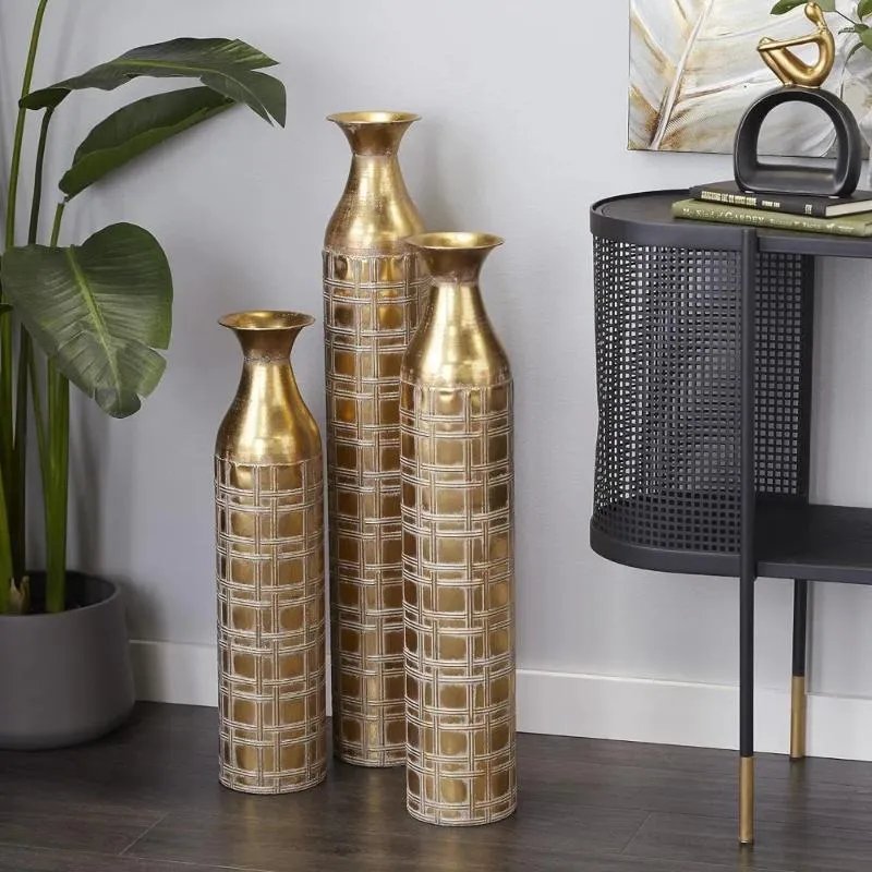 Vasi Decorazione per vaso di fiori in oro per la casa in metallo alto in metallo invecchiato con motivi a griglia incisi, set di 3