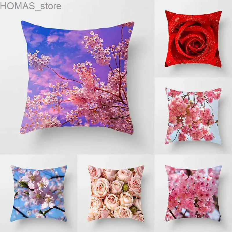 Pillow Cherry Blossom Rose Flower Throw Cover Sofa Decoration Bedside Car Seat Cushion Room Home Y240401