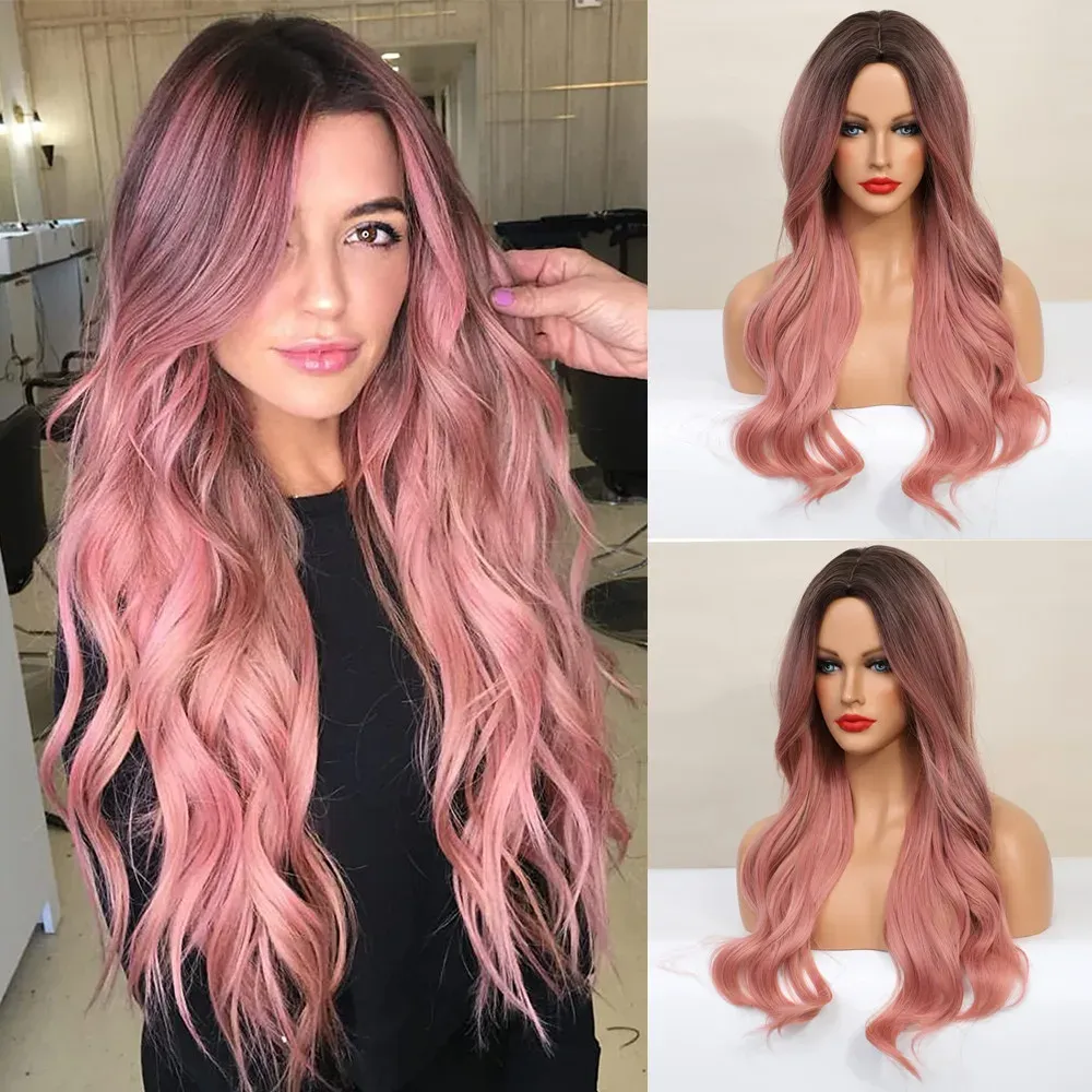 Wigs U.Shine ombre marrom marrom misto loira rosa longa perucas de ondas sintéticas para mulheres resistentes ao calor Cosplay colorido lolita perucas