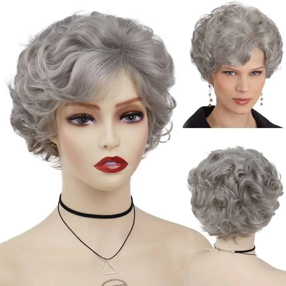 Nxy Vhair Pruiken Gnimegil Synthetische Ombre Grijs Krullend Pruik voor Vrouwen Korte Mama Oude Dame 60s Dorothy Golden Girls Kostuum Grootmoeder 240330