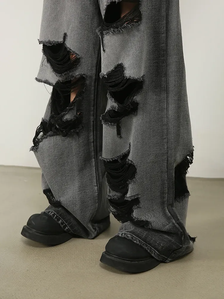 Save Big on Bulk Ripped Men Jean Mens Ripped Jeans Wide Leg Denim Pants  Loose Fit Hip Hop Style Dark Wash Trousers, Streetwear Fashion Best Deals  on