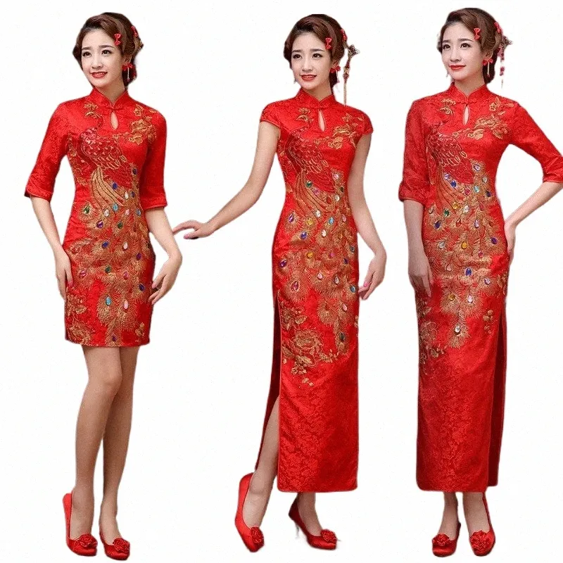 Китайский Новый год женская одежда Короткие LG Dr Red Chegsam Qipao Wedding Dr Plus Size Woman Evening Sequin Drag Phoenix Q6fg #