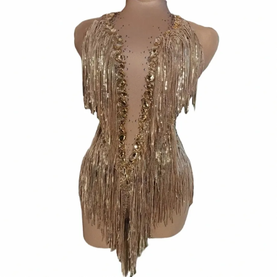 Sparkly Rhinestes Fringes Justaucorps Sexy Gland Body Costume de danse Jazz une pièce Stage Wear Dancer Performance Show Z0Ff #