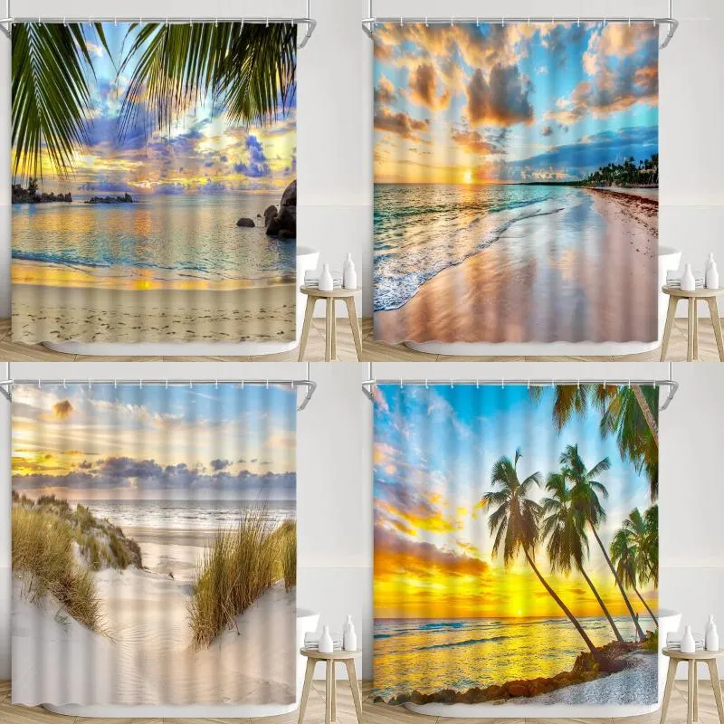 Duschvorhänge, Strandvorhang, Küste, Sonnenuntergang, Wellen, Palmen, blauer Himmel, 3D-Polyester, bedruckter Stoff, Badezimmer-Dekoration