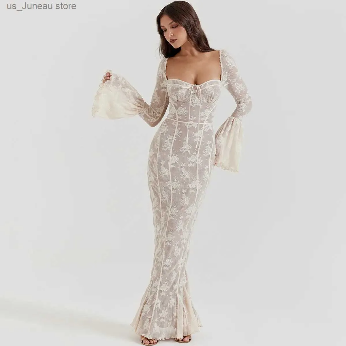 chinese dress ladies Silver Lace Maxi Dress with Open Back and Frayed Hem main image 0
