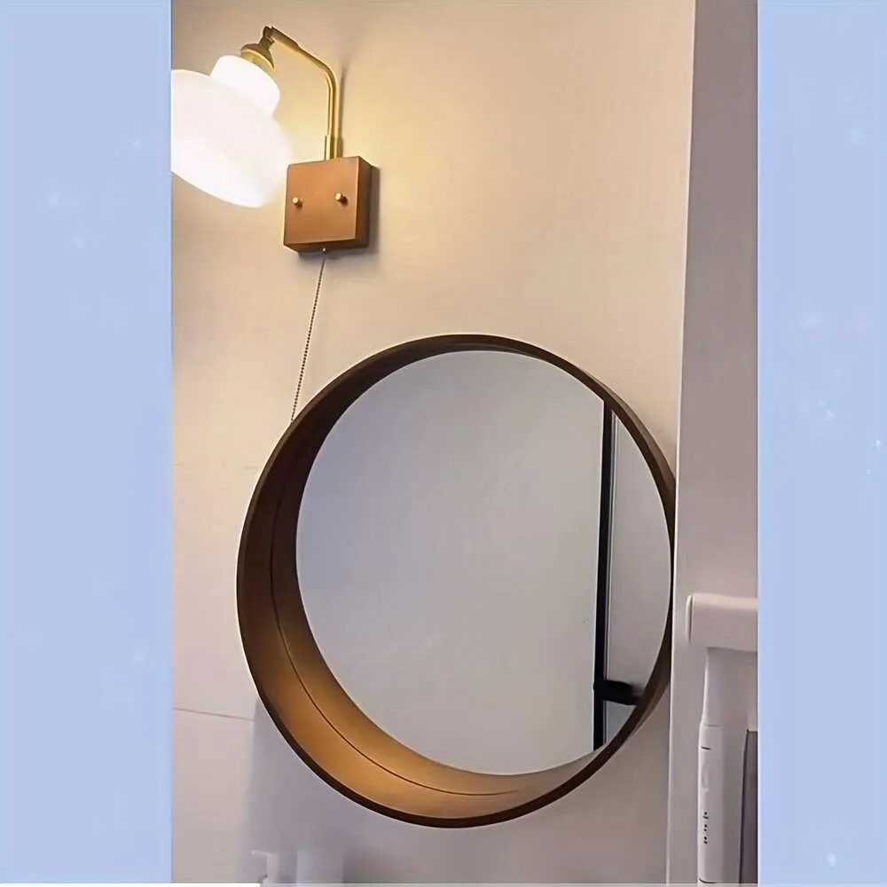 Oak Wood Material Round Makeup Mounted Wooden Frame Bathroom Creative Vanity Mirror, Wall Mirror for Corridor, Living Room, Bedroom, Bathroom, Home