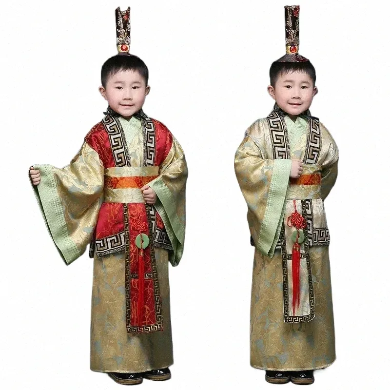 Barn Qin Han -dynastin Premiärminister Robes Boy Child Child Hanfu med Hat Stage Performance Clothing Q7UO#