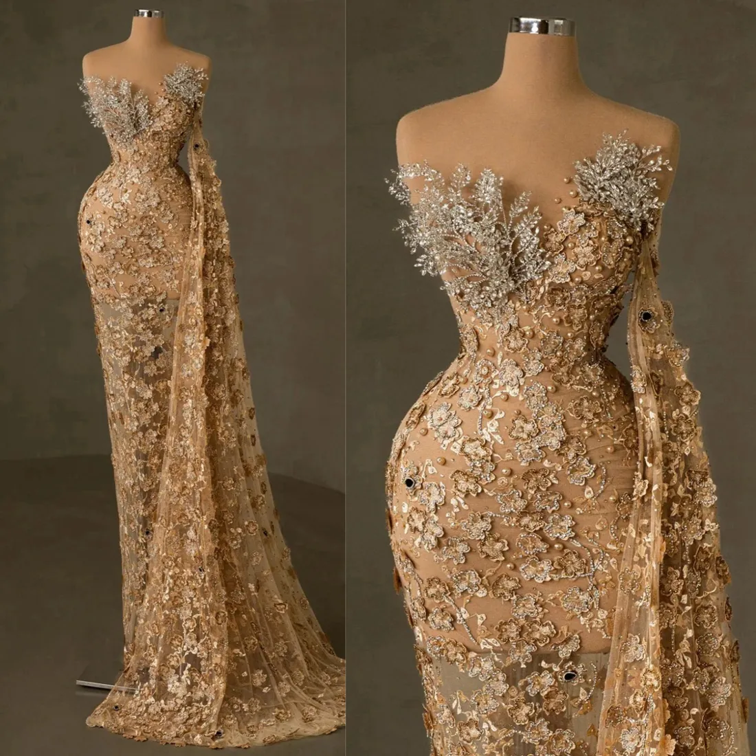 2024 Gold Prom -klänningar för svarta kvinnor promdress aftonklänningar eleganta pärlor spetspärlor dekorerad födelsedagsklänning för speciella tillfällen Vestido de Sorrie AM630