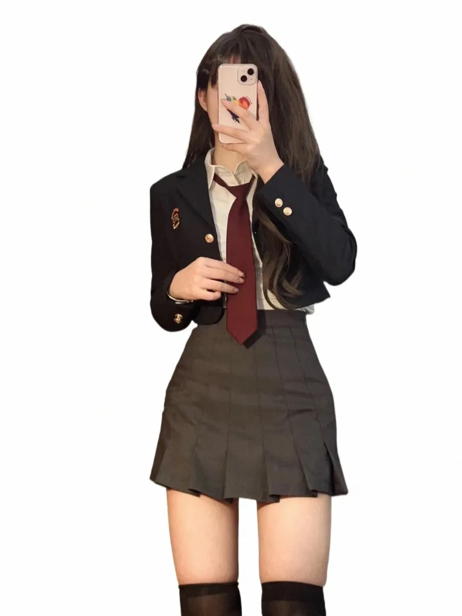 Ежедневный корейский комплект JK Uniform Set College Style Girls Short Suit Blazer Navy Coat Wrap Hip Юбка с галстуком Рубашка Hot Girl Set Весна Осень Y45b #