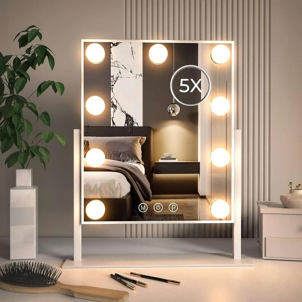 1 lampe de maquillage, dressing avec contrôle tactile intelligent, 3 modes de couleur, luminosité réglable, grossissement 5x amovible, miroir rotatif à 360 degrés, vanité