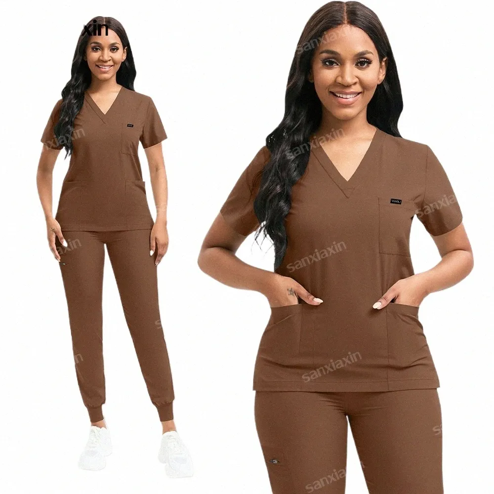 Medicinska uniformer Elastic Scrub Suit Hospital Uniform Clinic Operation Room Workwear Plus Size Scrubs Set Jogger Top Pants S-XXL T3XI#