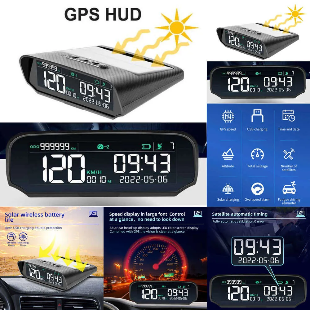 Uppgradera solbil HUD GPS head-up Digital Clock Speedometer Överhastighet Larmtrötthet Kör Alert Altitude Mileage Display