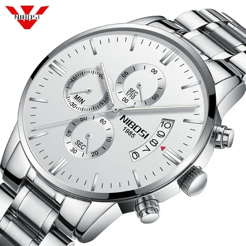 Relogio Nibosi Luxury Famous Top Brand Men Sliver White Wristwatch Waterproof Clock Quartz Watch for Men Relogio Masculino2964