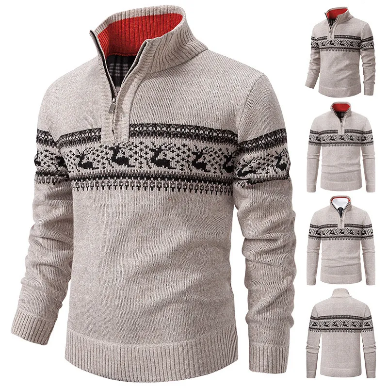 Outono inverno masculino casual jacquard meio zíper camisola pullovers moda manga longa mock neck de malha para homem 240113