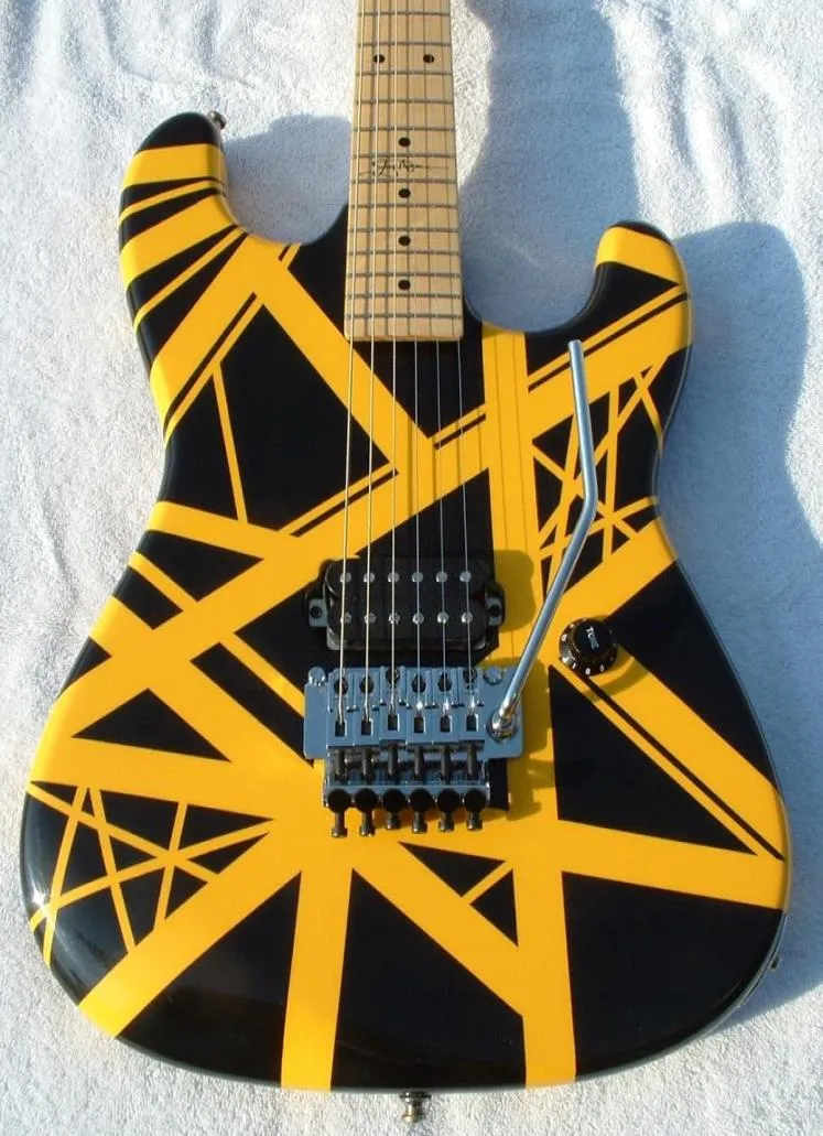 Anpassad Kra Wolf Edward Van Halen 5150 Gul rand Black Electric Guitar Floyd Rose Tremolo Bridge Maple Neck Fingerboard4968429