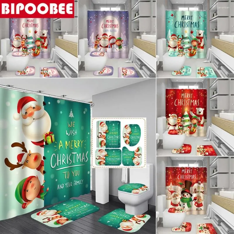 Douchegordijnen Leuke Kerstman Sneeuwpop Vrolijk Kerstfeest Badkamergordijn Set Kerst Decor Vloermat Wc-afdekking Bad Antisliptapijt