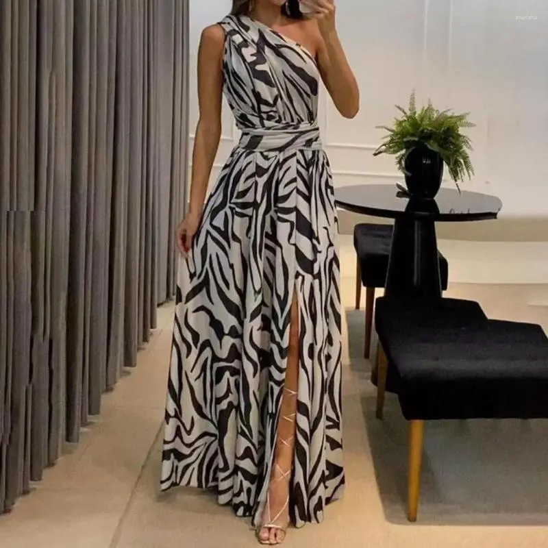 Casual Dresses Women Party Dress One Shoulder Sleeveless Contrast Color Print High Tight Midje Split Loose Hem Full Length A-line Lady