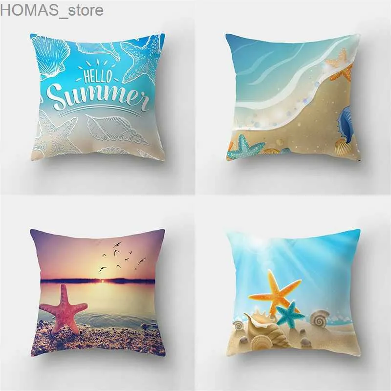 Kissen Sommer Ozean World Throw Cover Starfish Conch Animal Beach Szenerie Poster Sofa Kissen Home Dekoration Y240401