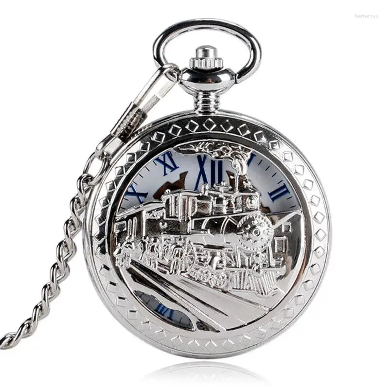 Montres de poche classique pour hommes, chaîne, chiffres romains, ton argent, Train mécanique, vent manuel, FOB, joli cadeau