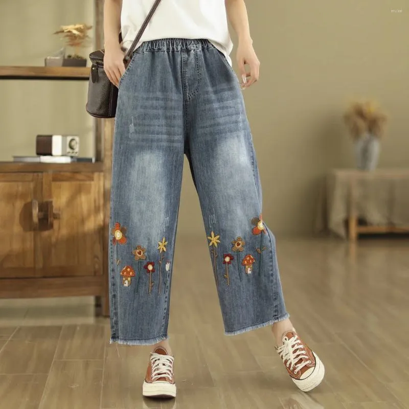 Women's Jeans Mori Kei Clothing Kawaii Women Japan Style Floral Embroider Elastic Waist Denim Trousers Straight-leg Pants